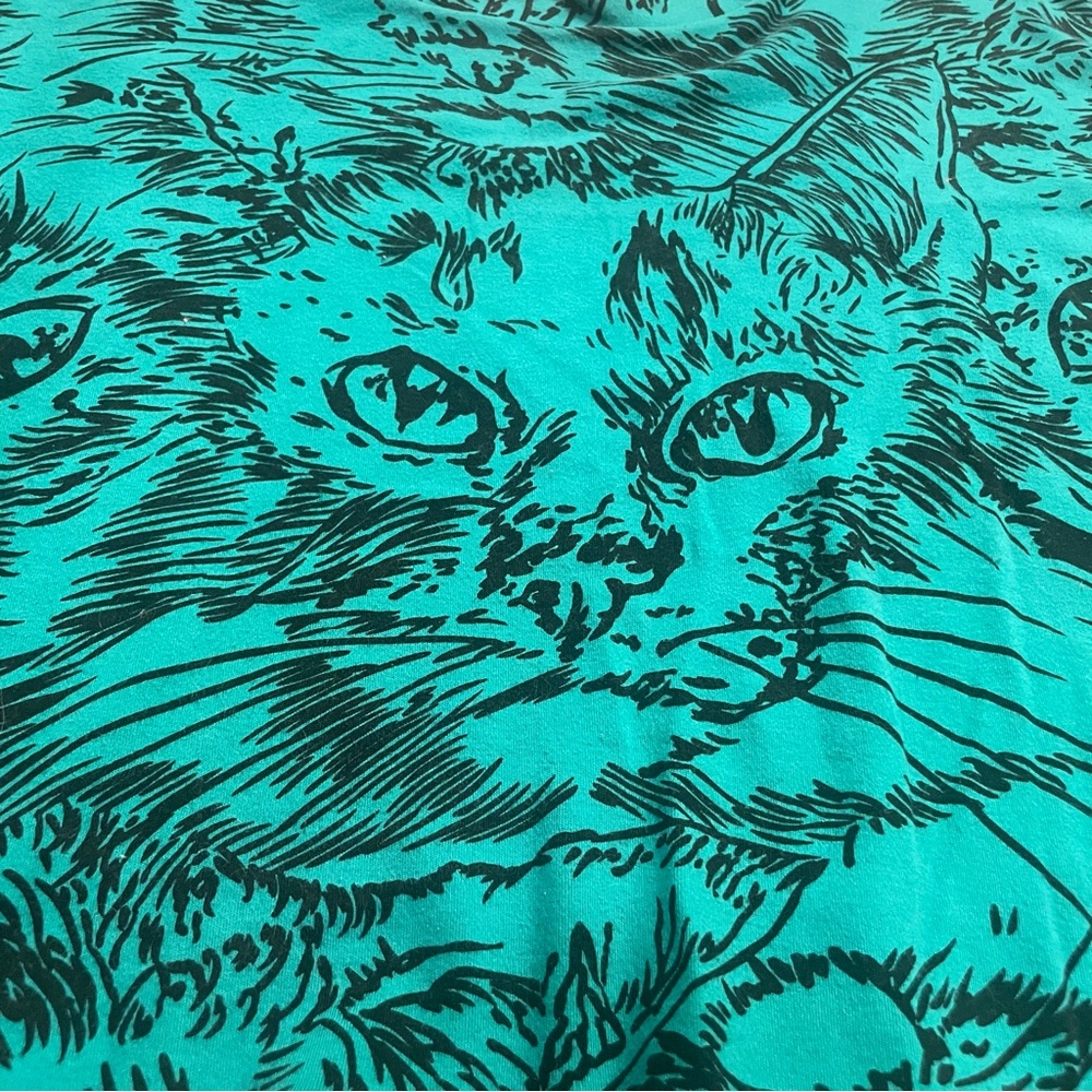 Vintage Cat Face Print Teal Long Sleeve Crop Graphic Shirt Moods by Krizia S